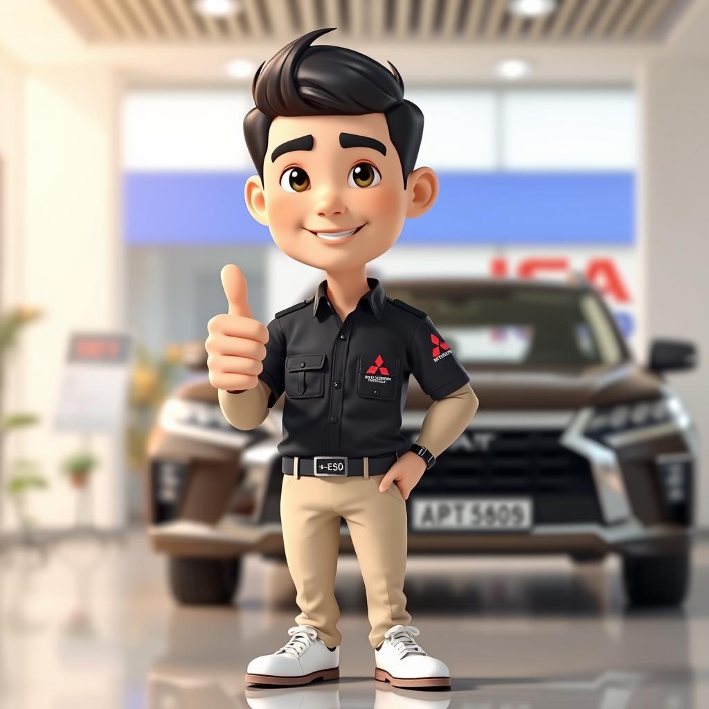 A 3D cartoon image of a 31-year-old male Mitsubishi sales marketing representative with short black hair, standing confidently with his thumb up