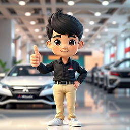 A 3D cartoon image of a 31-year-old male Mitsubishi sales marketing representative with short black hair, standing confidently with his thumb up
