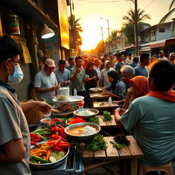 A vibrant Makassarese street scene at Coto Makassar stall, bustling with life