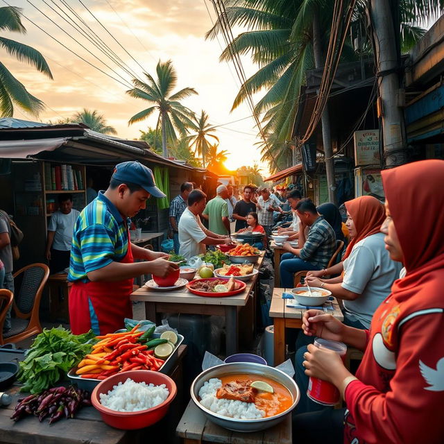 A vibrant Makassarese street scene at Coto Makassar stall, bustling with life