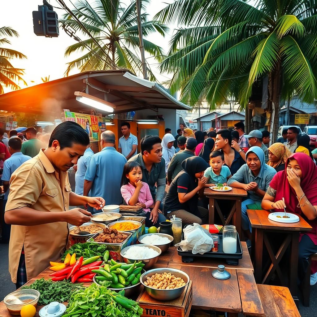 A vibrant Makassarese street scene at Coto Makassar stall, bustling with life