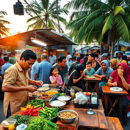 A vibrant Makassarese street scene at Coto Makassar stall, bustling with life