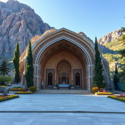 An Iranian-Islamic arched tomb set in a breathtaking mountainous region, intricately designed, measuring 13 meters wide and 20 meters deep, seamlessly carved into the mountainside