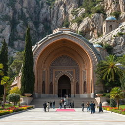An Iranian-Islamic arched tomb set in a breathtaking mountainous region, intricately designed, measuring 13 meters wide and 20 meters deep, seamlessly carved into the mountainside