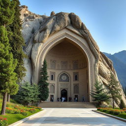 An Iranian-Islamic arched tomb set in a breathtaking mountainous region, intricately designed, measuring 13 meters wide and 20 meters deep, seamlessly carved into the mountainside