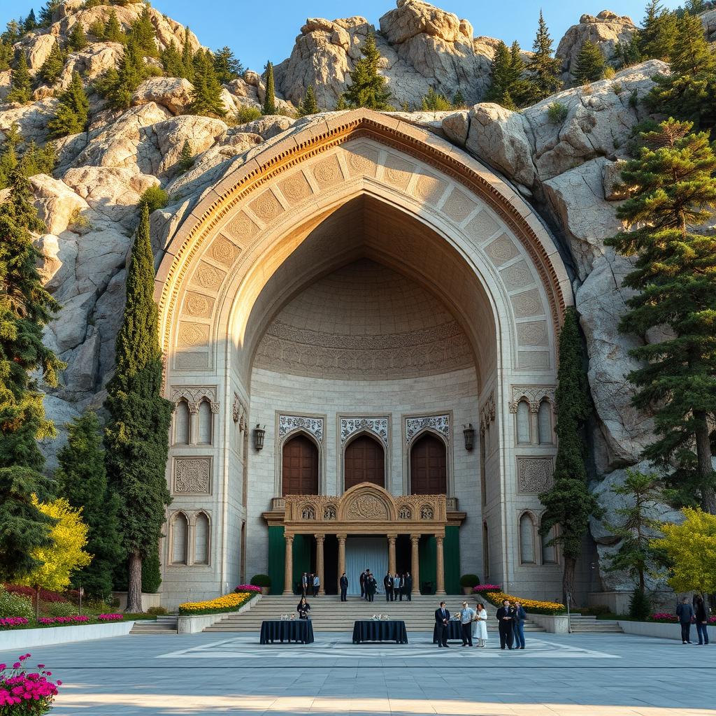 An Iranian-Islamic arched tomb set in a breathtaking mountainous region, intricately designed, measuring 13 meters wide and 20 meters deep, seamlessly carved into the mountainside