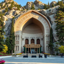 An Iranian-Islamic arched tomb set in a breathtaking mountainous region, intricately designed, measuring 13 meters wide and 20 meters deep, seamlessly carved into the mountainside