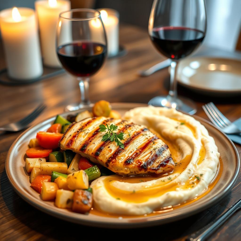 A beautifully arranged gourmet meal featuring a vibrant plate of roasted vegetables, tender grilled chicken breast with a honey glaze, and a swirl of creamy mashed potatoes