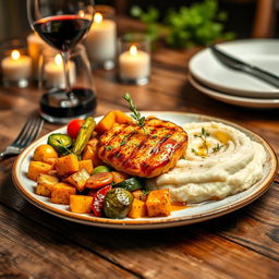 A beautifully arranged gourmet meal featuring a vibrant plate of roasted vegetables, tender grilled chicken breast with a honey glaze, and a swirl of creamy mashed potatoes