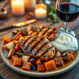A beautifully arranged gourmet meal featuring a vibrant plate of roasted vegetables, tender grilled chicken breast with a honey glaze, and a swirl of creamy mashed potatoes