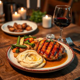 A beautifully arranged gourmet meal featuring a vibrant plate of roasted vegetables, tender grilled chicken breast with a honey glaze, and a swirl of creamy mashed potatoes