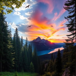 A stunning fusion of two distinct landscapes: on the left, a serene forest with tall, lush green trees and dappled sunlight filtering through the leaves, creating a tranquil atmosphere; on the right, a majestic mountain range under a vibrant sunset sky filled with hues of orange, purple, and pink, reflecting off a pristine lake
