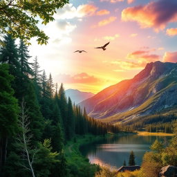 A stunning fusion of two distinct landscapes: on the left, a serene forest with tall, lush green trees and dappled sunlight filtering through the leaves, creating a tranquil atmosphere; on the right, a majestic mountain range under a vibrant sunset sky filled with hues of orange, purple, and pink, reflecting off a pristine lake