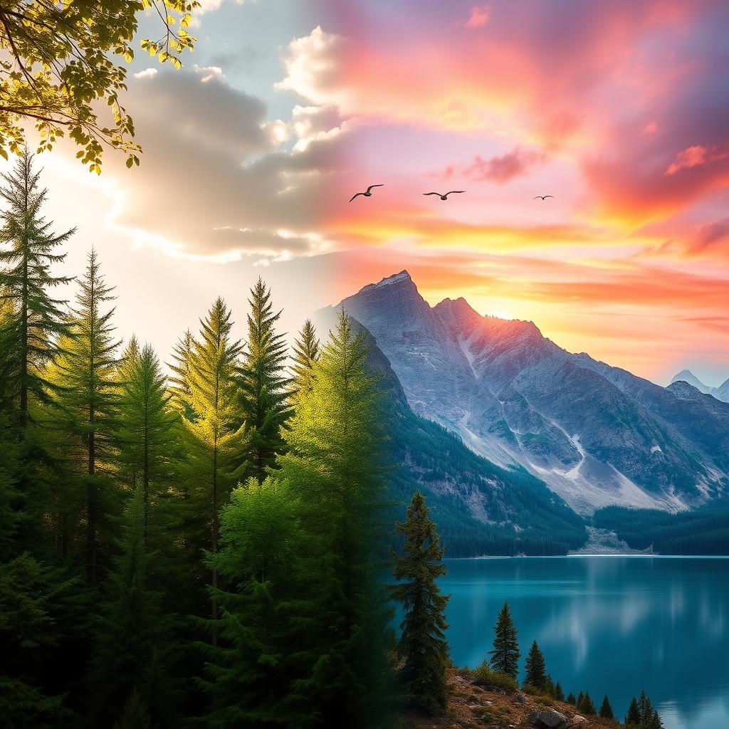 A stunning fusion of two distinct landscapes: on the left, a serene forest with tall, lush green trees and dappled sunlight filtering through the leaves, creating a tranquil atmosphere; on the right, a majestic mountain range under a vibrant sunset sky filled with hues of orange, purple, and pink, reflecting off a pristine lake