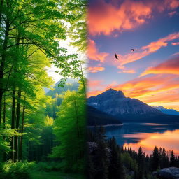 A stunning fusion of two distinct landscapes: on the left, a serene forest with tall, lush green trees and dappled sunlight filtering through the leaves, creating a tranquil atmosphere; on the right, a majestic mountain range under a vibrant sunset sky filled with hues of orange, purple, and pink, reflecting off a pristine lake
