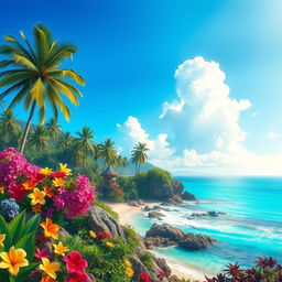 A dreamlike depiction of paradise featuring lush tropical landscapes adorned with vibrant flowers in various colors, towering palm trees swaying gently in the breeze, a stunning crystal clear turquoise ocean softly lapping at the serene shore, and fluffy white clouds scattered across a bright blue sky, evoking a sense of tranquility and beauty