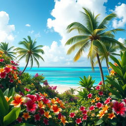 A dreamlike depiction of paradise featuring lush tropical landscapes adorned with vibrant flowers in various colors, towering palm trees swaying gently in the breeze, a stunning crystal clear turquoise ocean softly lapping at the serene shore, and fluffy white clouds scattered across a bright blue sky, evoking a sense of tranquility and beauty