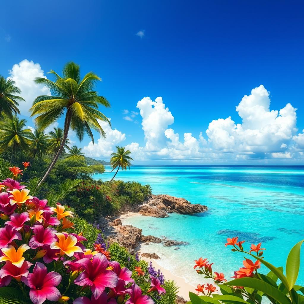 A dreamlike depiction of paradise featuring lush tropical landscapes adorned with vibrant flowers in various colors, towering palm trees swaying gently in the breeze, a stunning crystal clear turquoise ocean softly lapping at the serene shore, and fluffy white clouds scattered across a bright blue sky, evoking a sense of tranquility and beauty