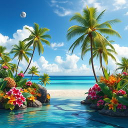 A dreamlike depiction of paradise featuring lush tropical landscapes adorned with vibrant flowers in various colors, towering palm trees swaying gently in the breeze, a stunning crystal clear turquoise ocean softly lapping at the serene shore, and fluffy white clouds scattered across a bright blue sky, evoking a sense of tranquility and beauty