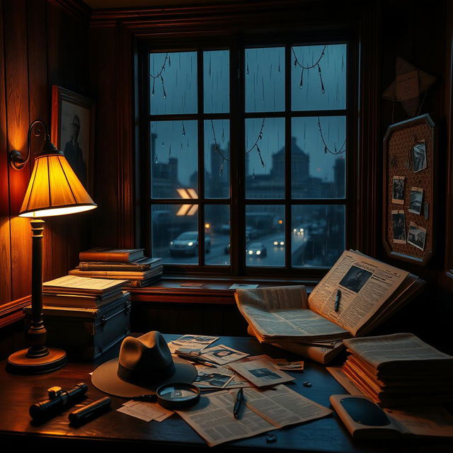 A captivating detective-themed background, featuring a dimly lit, vintage office filled with classic detective tools such as a magnifying glass, a fedora hat on the desk, stacks of old newspapers scattered around, and a pinboard with photographs and clues connected by strings