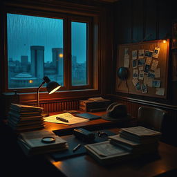 A captivating detective-themed background, featuring a dimly lit, vintage office filled with classic detective tools such as a magnifying glass, a fedora hat on the desk, stacks of old newspapers scattered around, and a pinboard with photographs and clues connected by strings