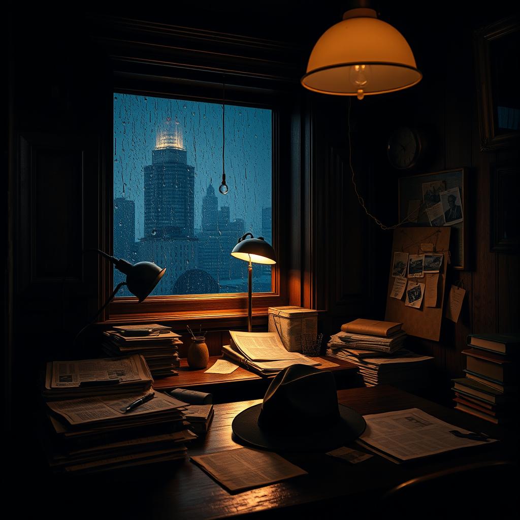 A captivating detective-themed background, featuring a dimly lit, vintage office filled with classic detective tools such as a magnifying glass, a fedora hat on the desk, stacks of old newspapers scattered around, and a pinboard with photographs and clues connected by strings