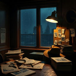 A captivating detective-themed background, featuring a dimly lit, vintage office filled with classic detective tools such as a magnifying glass, a fedora hat on the desk, stacks of old newspapers scattered around, and a pinboard with photographs and clues connected by strings