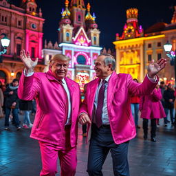Donald Trump and Vladimir Putin wearing pink outfits, dancing together joyfully in the central square of Semnan