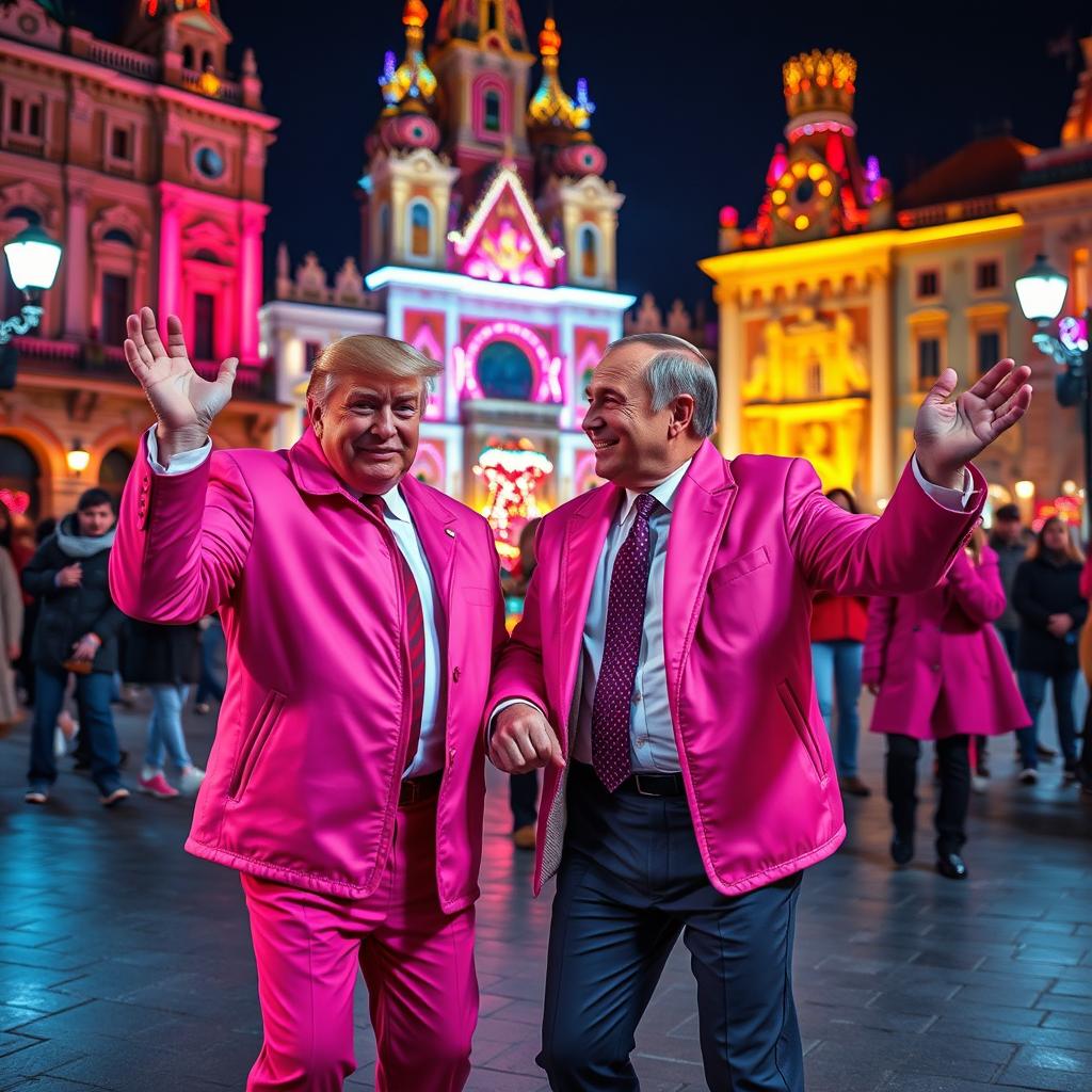 Donald Trump and Vladimir Putin wearing pink outfits, dancing together joyfully in the central square of Semnan