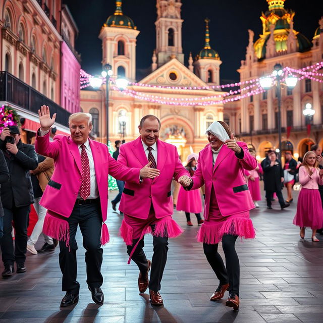 Donald Trump and Vladimir Putin wearing pink outfits, dancing together joyfully in the central square of Semnan
