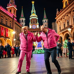 Donald Trump and Vladimir Putin wearing pink outfits, dancing together joyfully in the central square of Semnan