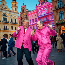 Donald Trump and Vladimir Putin wearing pink outfits, dancing together joyfully in the central square of Semnan