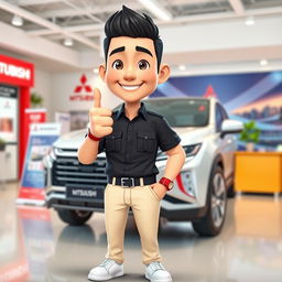 A 3D cartoon image of a 31-year-old male in a vibrant sales marketing setting for Mitsubishi