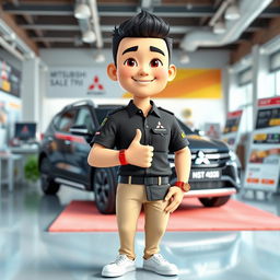 A 3D cartoon image of a 31-year-old male in a vibrant sales marketing setting for Mitsubishi