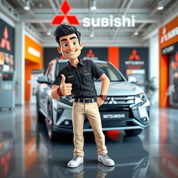 A 3D cartoon image of a 31-year-old male in a vibrant sales marketing setting for Mitsubishi