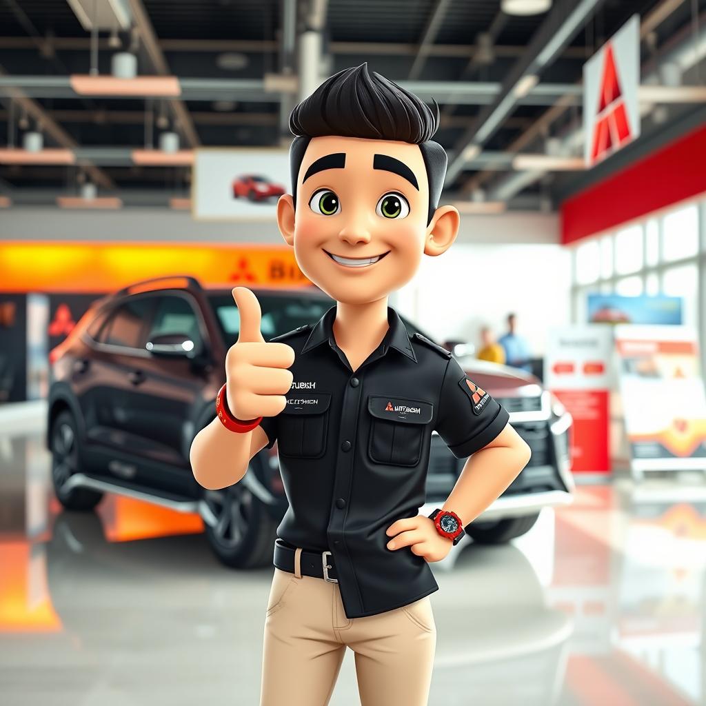 A 3D cartoon image of a 31-year-old male in a vibrant sales marketing setting for Mitsubishi