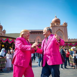 Trump and Putin dancing in the vibrant Ergh Square of Semnan, both wearing flamboyant pink outfits that radiate joy and charm