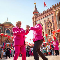 Trump and Putin dancing in the vibrant Ergh Square of Semnan, both wearing flamboyant pink outfits that radiate joy and charm