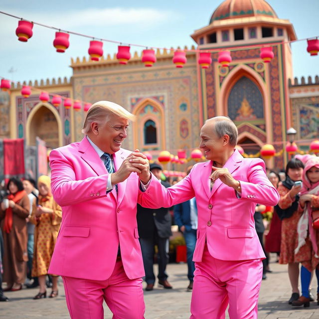 Trump and Putin dancing in the vibrant Ergh Square of Semnan, both wearing flamboyant pink outfits that radiate joy and charm