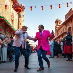 Trump and Putin dancing in the vibrant Ergh Square of Semnan, both wearing flamboyant pink outfits that radiate joy and charm