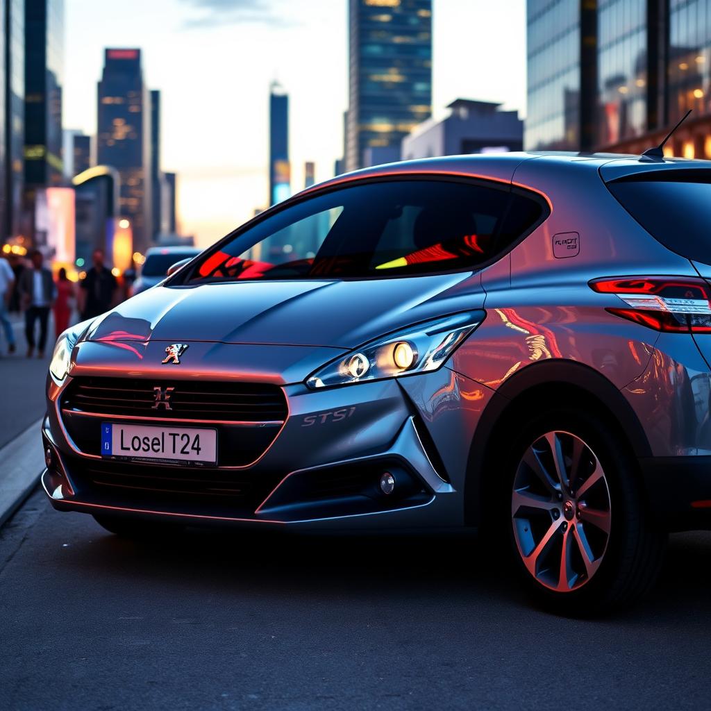 A sleek, stylish Peugeot car parked in an urban setting, showcasing its modern design and distinctive lion emblem
