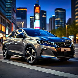 A sleek, stylish Peugeot car parked in an urban setting, showcasing its modern design and distinctive lion emblem