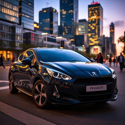 A sleek, stylish Peugeot car parked in an urban setting, showcasing its modern design and distinctive lion emblem