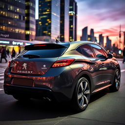 A sleek, stylish Peugeot car parked in an urban setting, showcasing its modern design and distinctive lion emblem