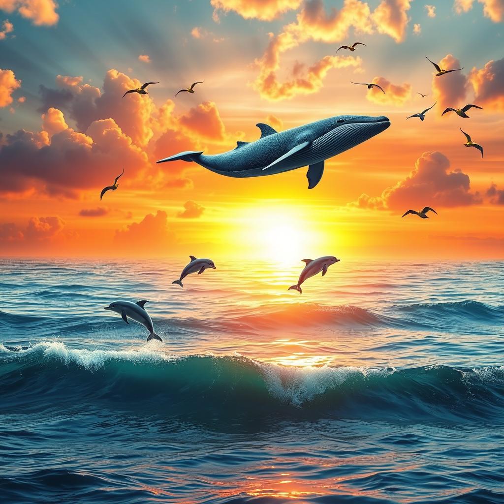 A surreal landscape featuring a vibrant sunset over a tranquil ocean with shimmering waves, a giant floating whale above the water, surrounded by playful dolphins leaping through the air