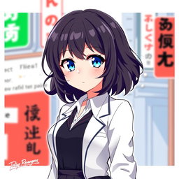 A female original character inspired by the Tokyo Revengers anime, featuring a girl with shoulder-length wavy black hair and striking blue eyes
