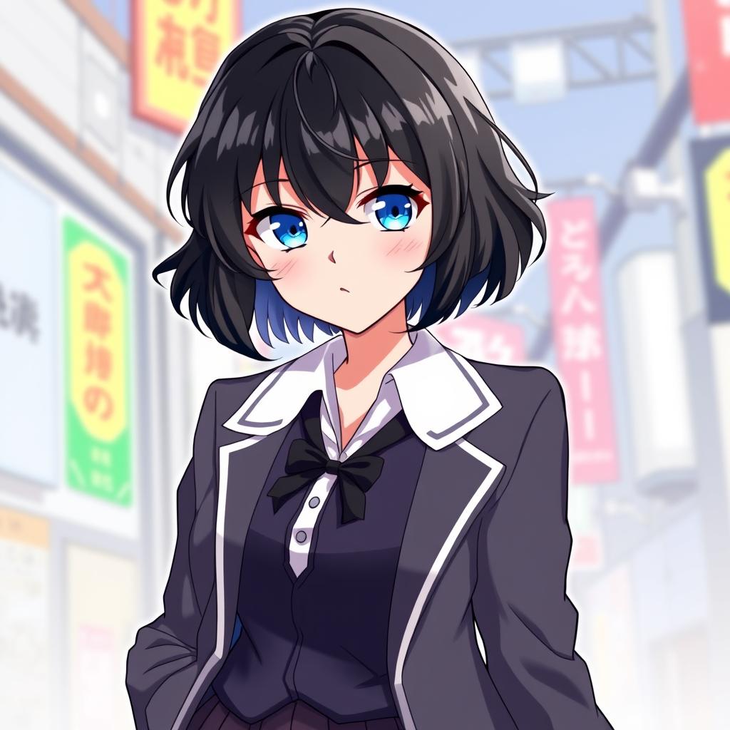 A female original character inspired by the Tokyo Revengers anime, featuring a girl with shoulder-length wavy black hair and striking blue eyes