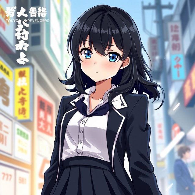 A female original character inspired by the Tokyo Revengers anime, featuring a girl with shoulder-length wavy black hair and striking blue eyes