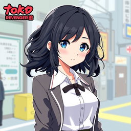 A female original character inspired by the Tokyo Revengers anime, featuring a girl with shoulder-length wavy black hair and striking blue eyes