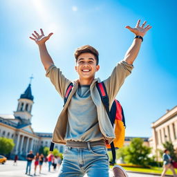 A vibrant and cheerful profile picture depicting a young adult celebrating success in a university entrance exam